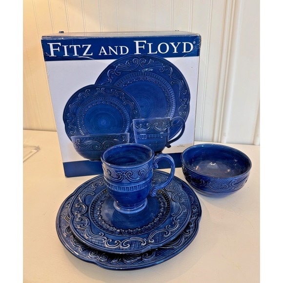 Fitz And Floyd Ricamo 4-Piece Place Setting Blue Stoneware Dinner Salad Bowl Mug